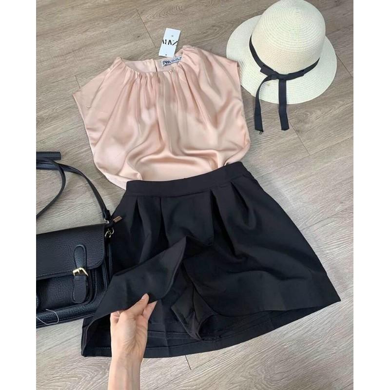 SET ÁO LỤA NUDE VÁY SHORT ĐEN