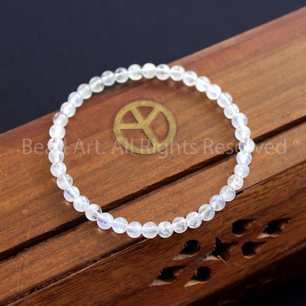 Vòng Tay Đá Mặt Trăng, Đá Moonstone Tự Nhiên Ánh Cầu Vồng 4MM Loại AA, Vòng Tay Phong Thuỷ, Chuỗi hạt, Kim, Thuỷ - Bead Art