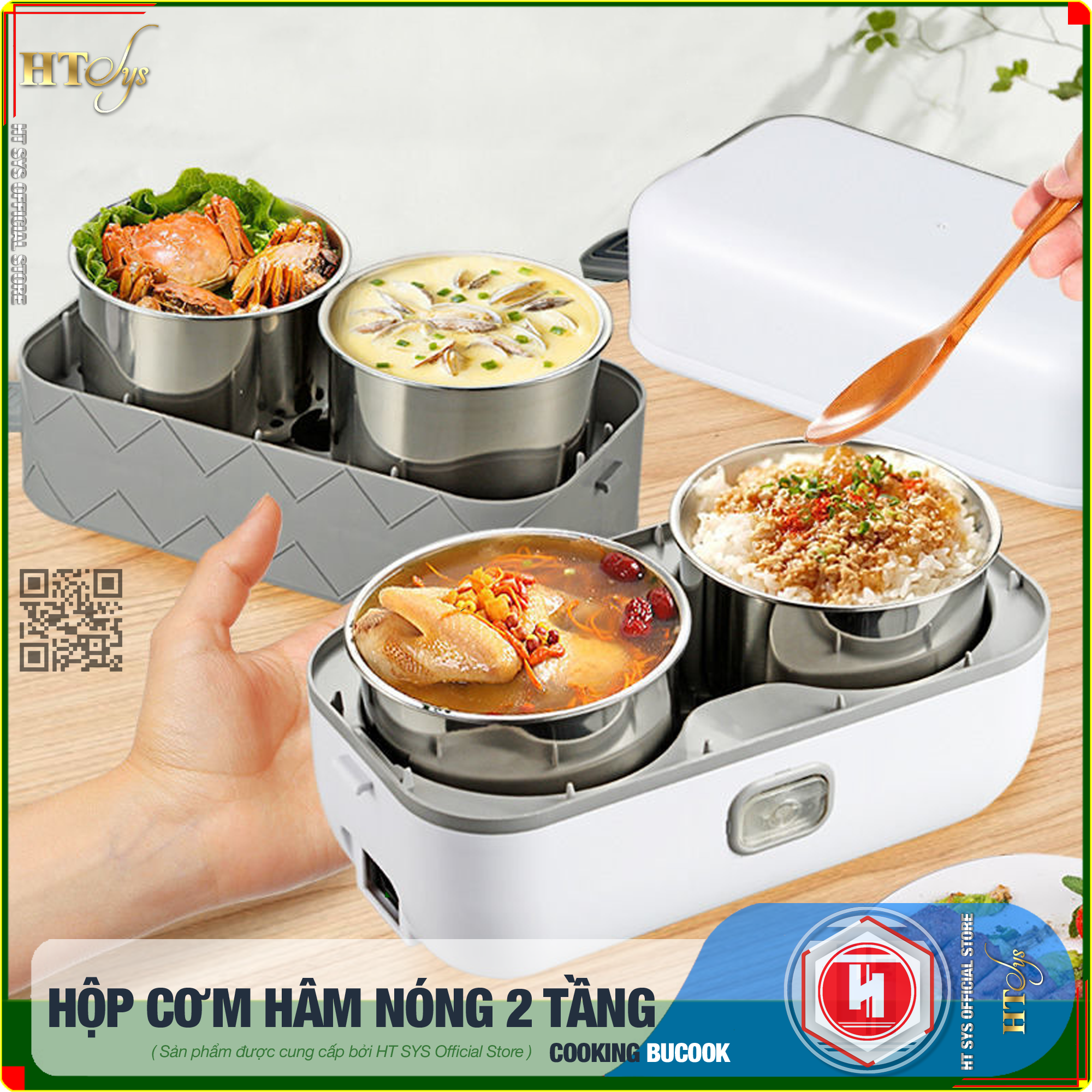 Hình ảnh Hộp cơm hâm nóng cắm điện HT SYS - BUCOOK DFH C02 - 2 Lít 2 Tầng 4 Ngăn Có Thể Nấu Và Hâm Nóng Thức Ăn, Ruột Bằng Inox 304