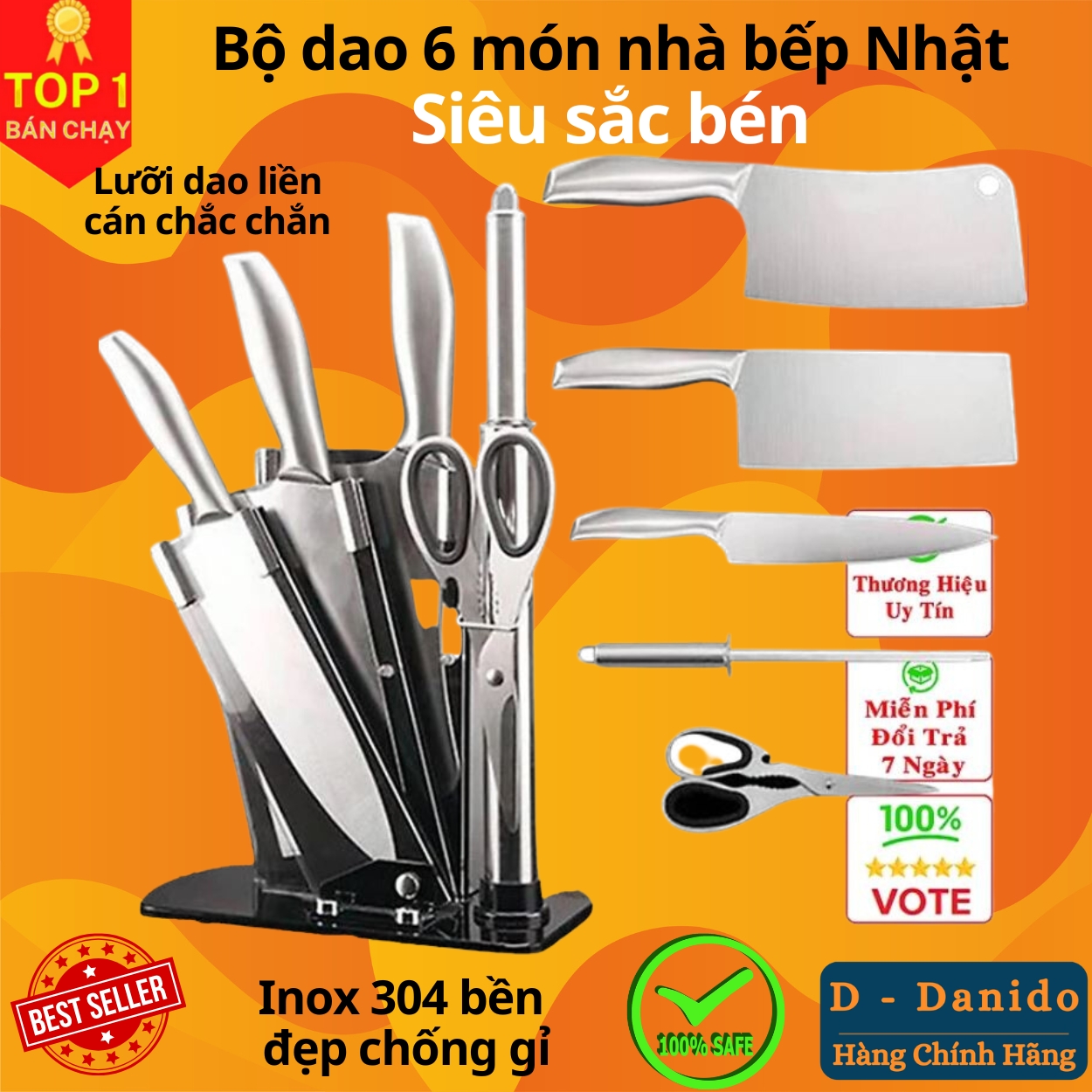 Bộ dao 6 món nhà bếp Nhật Bản siêu sắc bén cao cấp - Logo trên thân dao ngẫu nhiên - Chính hãng