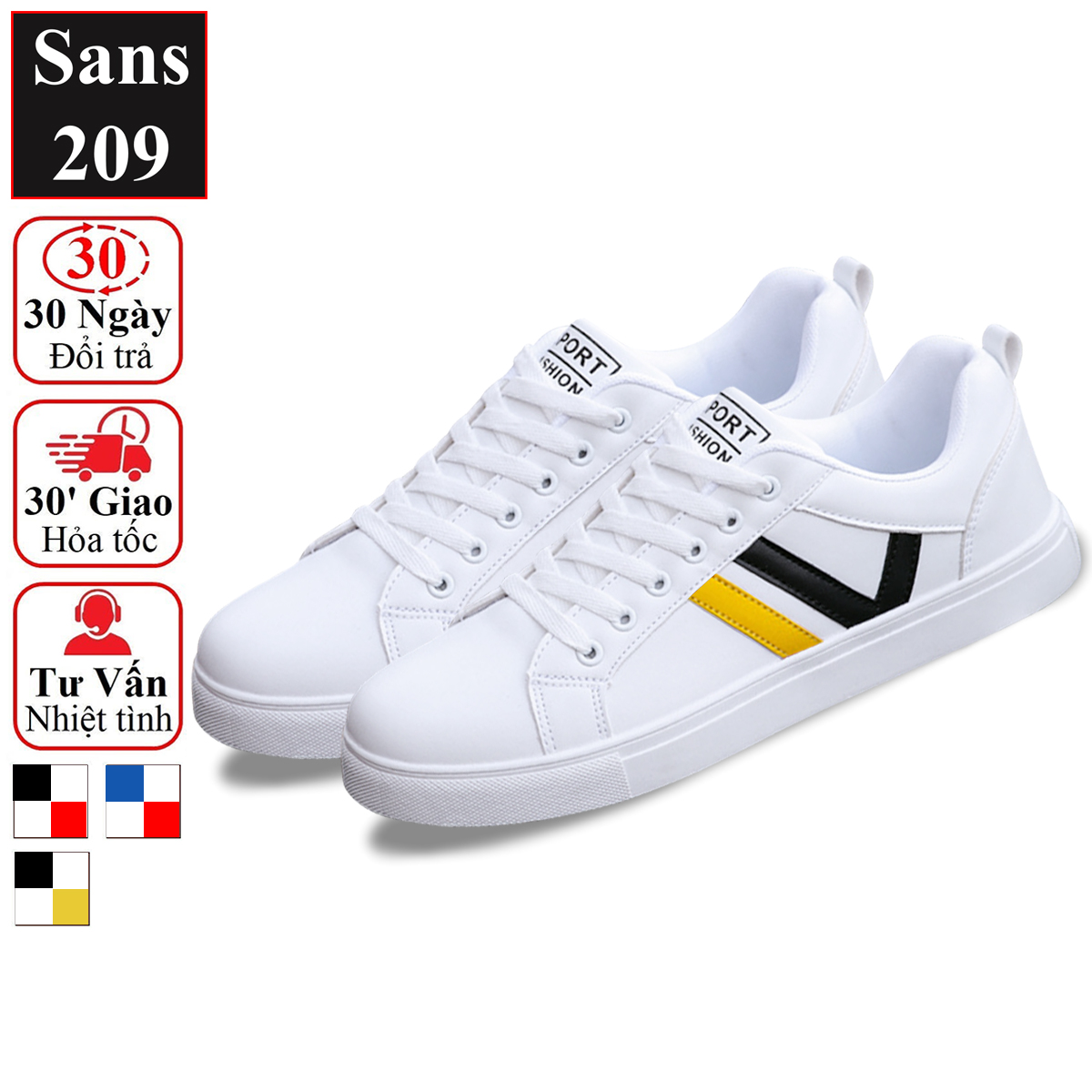 Giày thể thao nam sneaker Sans209 giầy sport trắng cổ thấp đế bệt sọc đen đỏ vàng bền đẹp thời trang hàn quốc trẻ trung