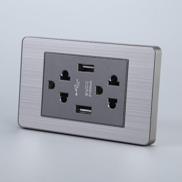 Ổ Cắm Điện Đôi 3 Chấu Có 2 Cổng USB Sạc Nhanh 5V - Bo Viền Màu Xám Âm Tường Mặt Hợp Kim Tenko TK-C7-045