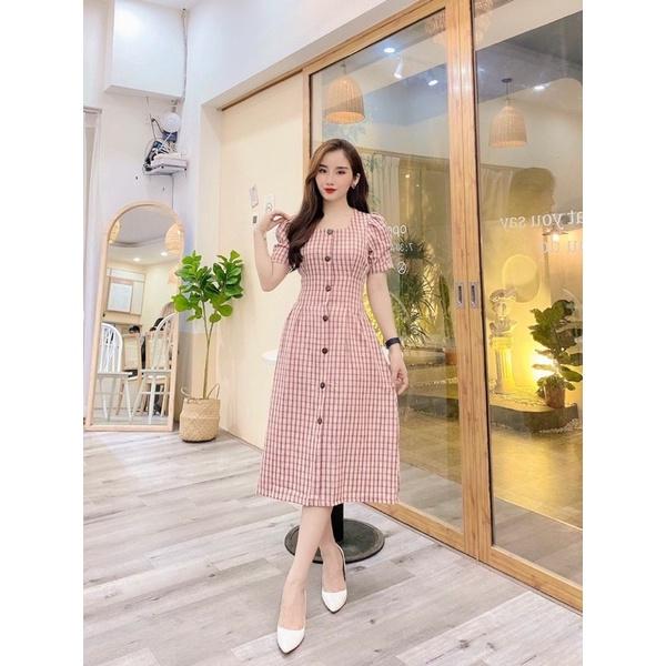 Đầm đũi kẻ hồng phối cúc siêu xinh hàng thiết kế sale sốc