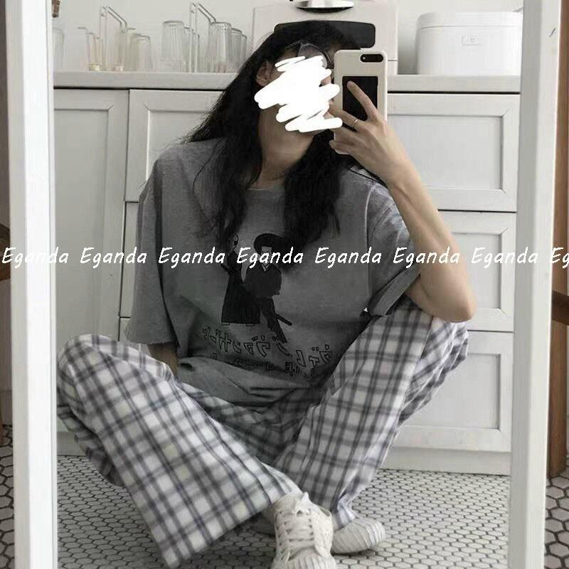 Đồ bộ mặc ở nhà, Set bộ quần kẻ caro kèm áo xám form thụng tay lỡ, set đồ bộ giá rẻ đi học đi chơi