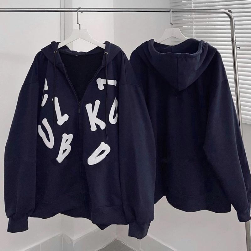 Áo khoác dây kéo nỉ lót bông chữ in nổi Club unisex