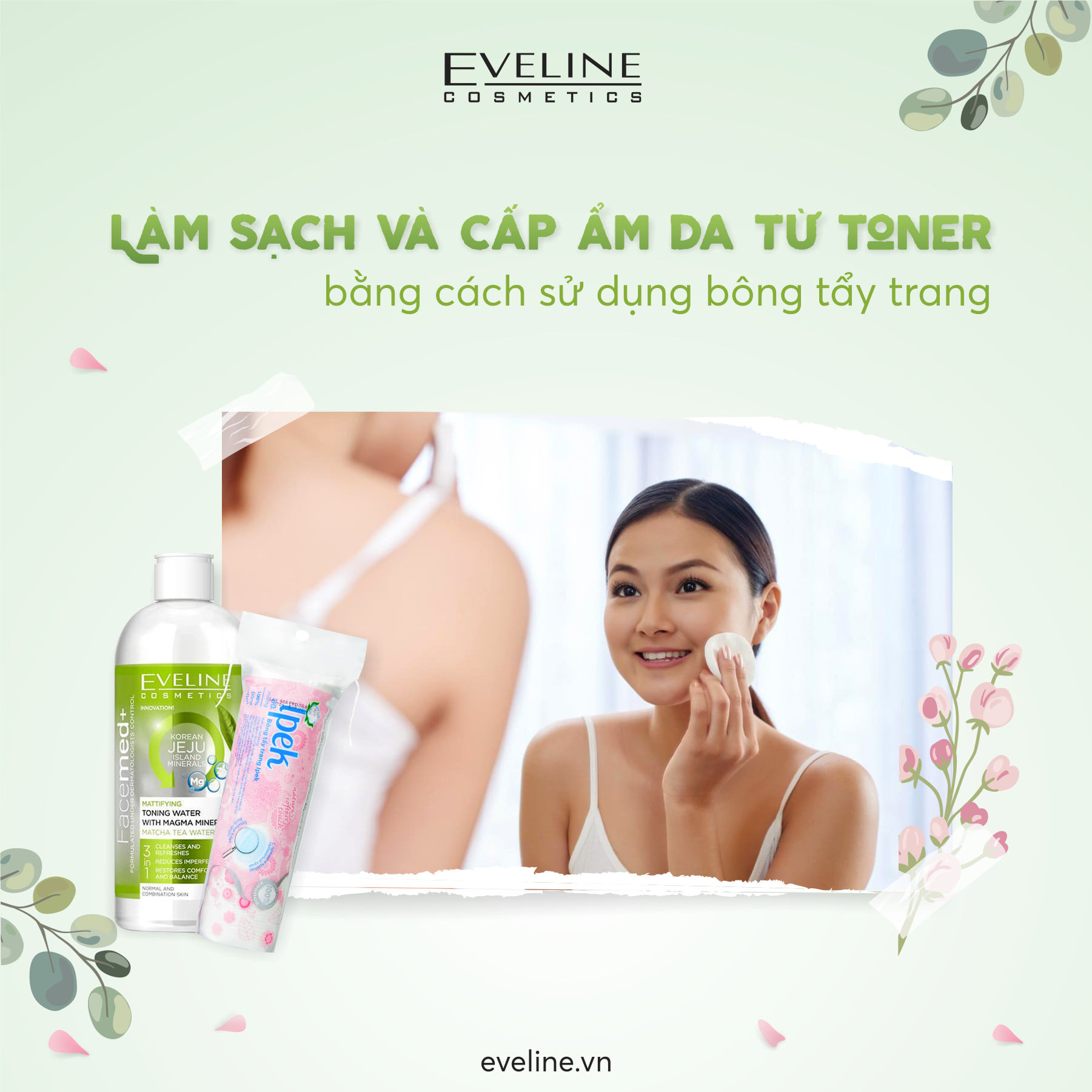 Nước Hoa Hồng Eveline Kiềm Dầu Khoáng Chất 400ml Toning Water With Magma Mineral Matcha Tea