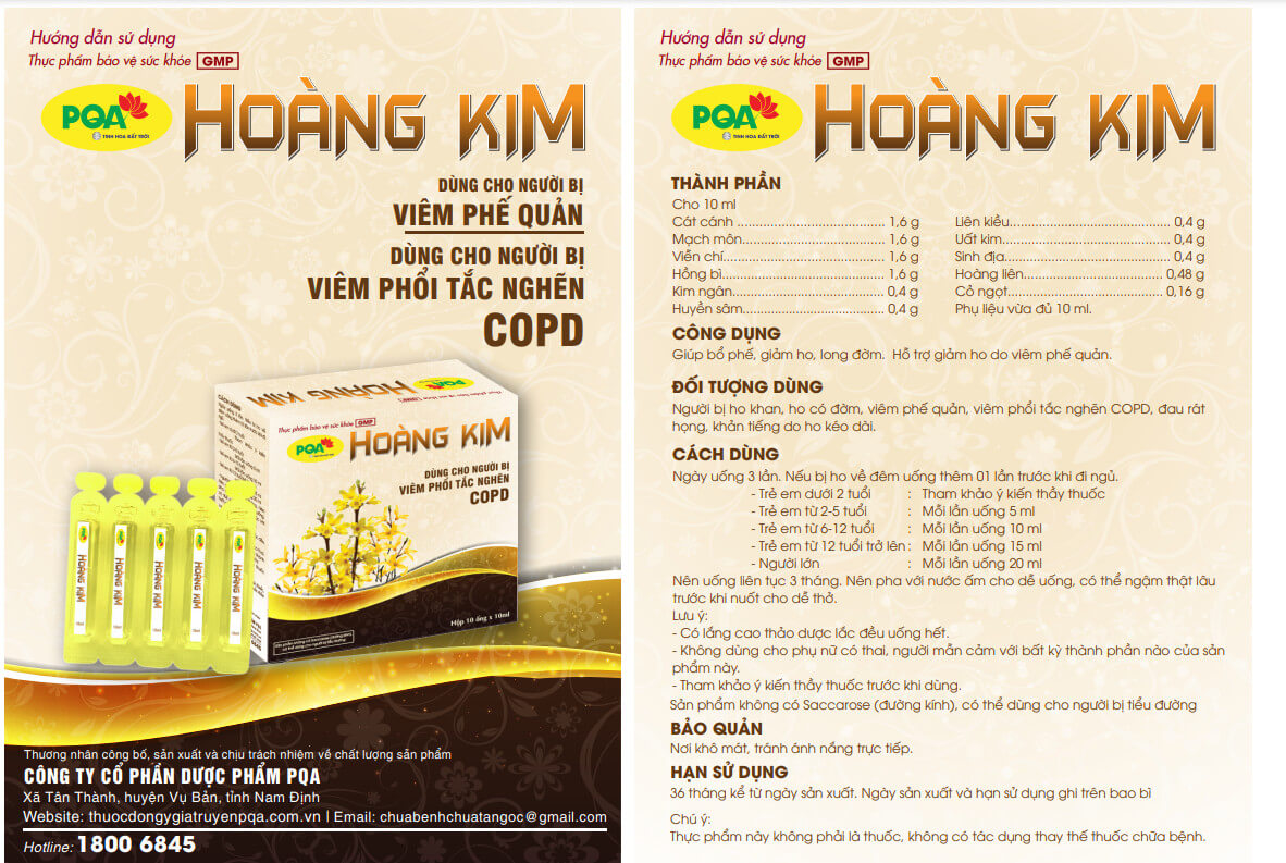 Hoàng Kim PQA Giúp Bổ Phế, Giảm Ho, Long Đờm Và Viêm Phổi Tắc Nghẽn Mãn Tính Hộp 10 Ống