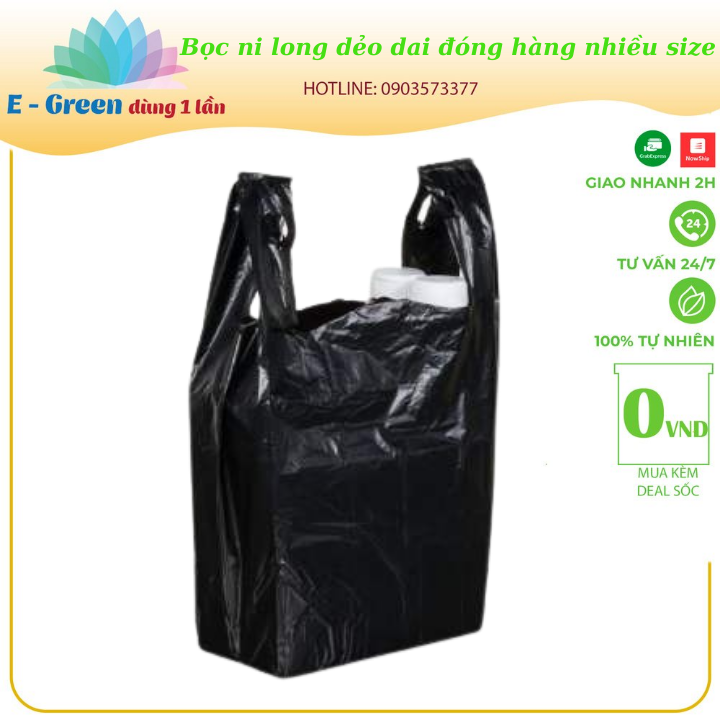 Bịch nilon, bọc nilon quai xách màu đen dẻo dai đựng rác, đóng hàng nhiều size - 1kg - E Green Dùng 1 Lần