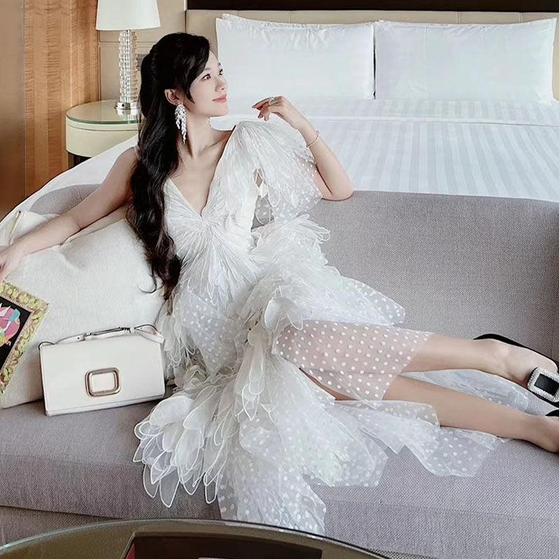 TOBE1SHOP 2023 mùa hè phụ nữ vest váy cao cấp không đều ren váy pongee váy trắng nàng tiên váy