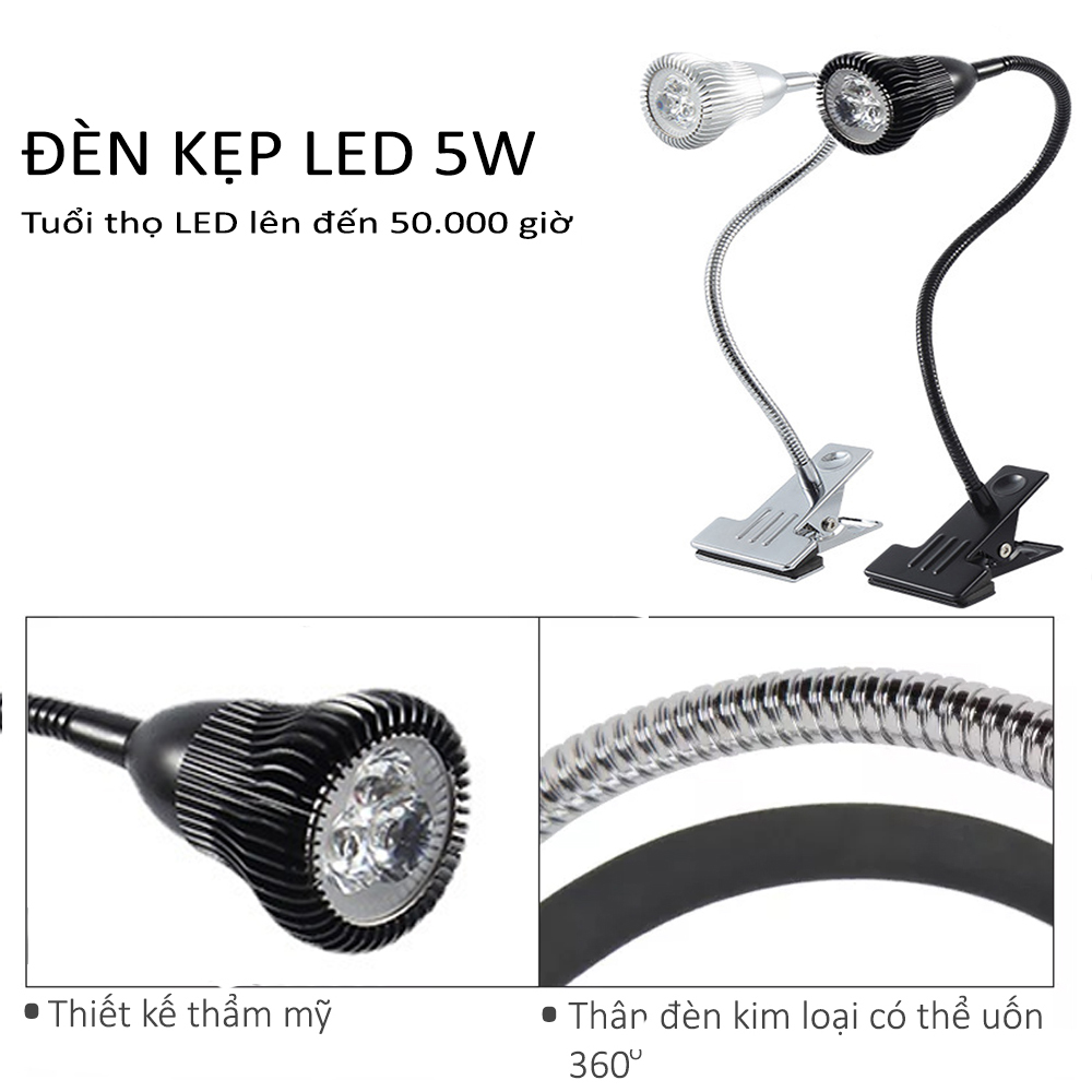 Đèn đọc sách đầu giường Led 5W-220V, Đèn rọi trang trí phòng ngủ khách sạn, Thân đèn kim loại uốn 360 độ, Kẹp đa năng 7cm