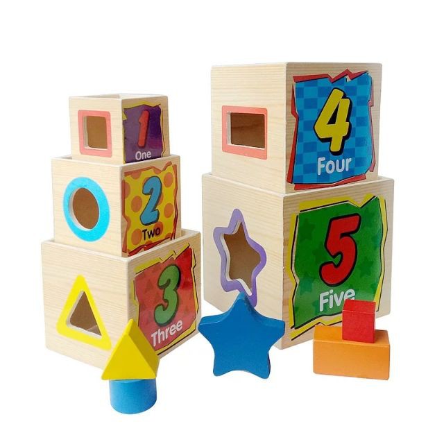 Đồ Chơi Gỗ Tháp Trí Lực 5 Tầng - Xếp Chồng - Thả Hình - Lồng Hộp