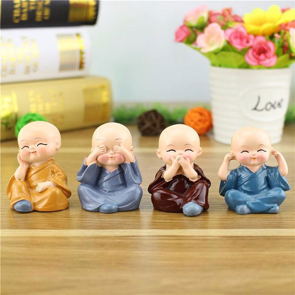 Tứ không - Bộ set 4 tượng phật chú tiểu tu sĩ 4 Không : Bớt Nghe - Bớt Nói - Bớt Nhìn - Bớt Nghĩ tặng giá đỡ điện thoại hình voi con