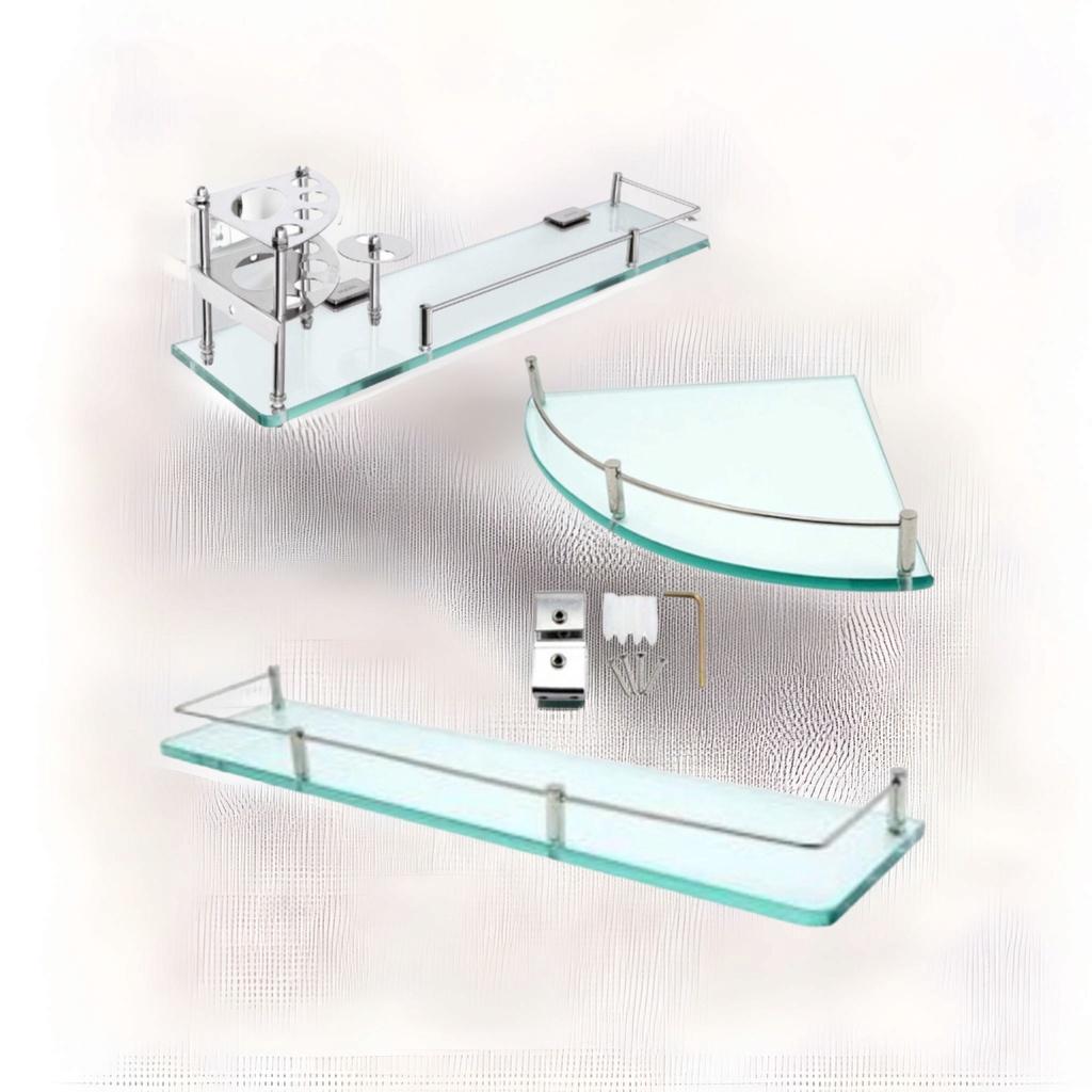 Kệ kính nhà tắm 10ly để dầu gội, mỹ phẩm thanh chắn kim loại inox 304 không rỉ sét đi kèm bao gồm ốc-vít, tắc-kê, bát