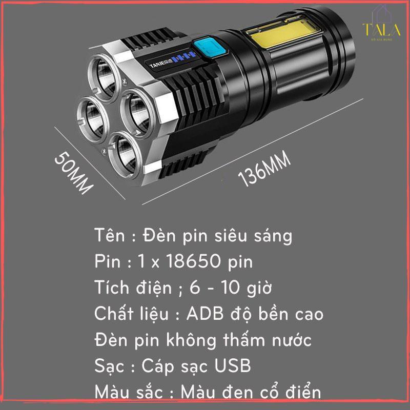 Đèn Pin Cầm Tay Siêu Sáng Chiếu Xa - Gồm 4 Chế Độ Sáng Công Suất 10W, Pin Sạc Tiện Lợi - Chống Thấm Nước IPX4