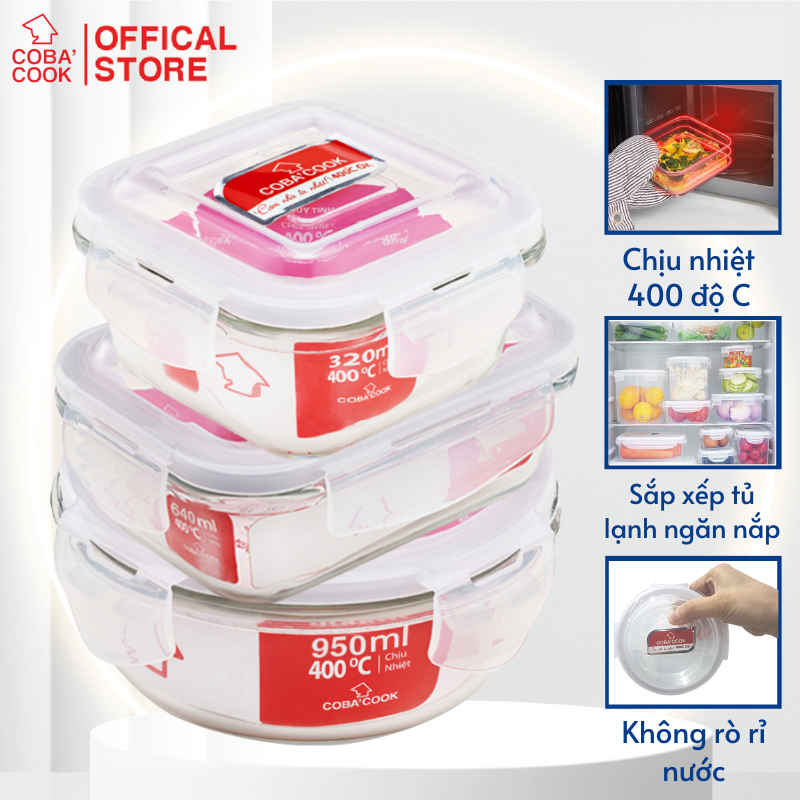 Bộ 3 hộp thủy tinh trữ thực phẩm chịu nhiệt tròn 950ml chữ nhật 640ml vuông 320ml COBA'COOK-CCS3R9L63