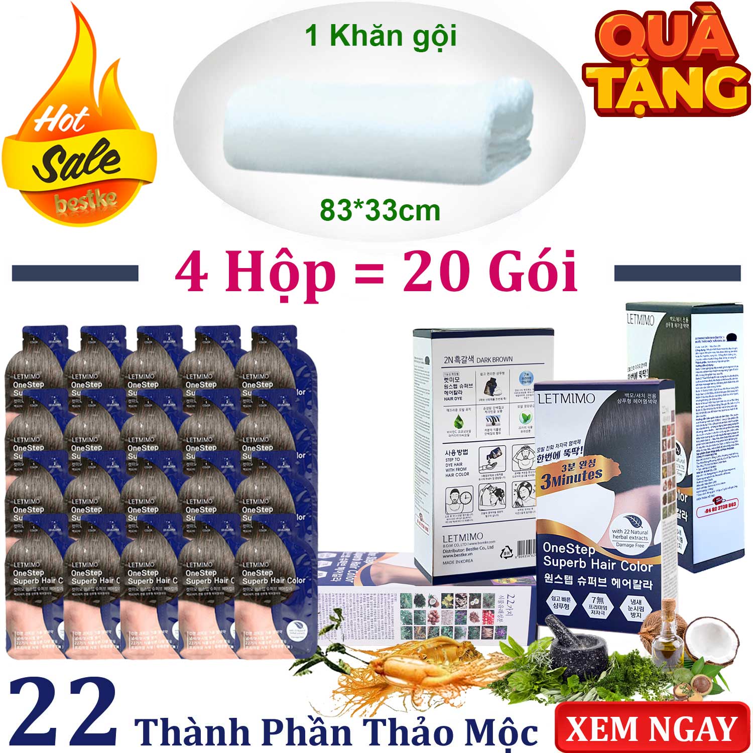 Bộ 4 Hộp thuốc Nhuộm Tóc LETMIMO màu Nâu Đen_2N phủ bạc từ 22 loại thảo mộc, 20 gói + QUÀ TẶNG 1 khăn gội bestke 83*33