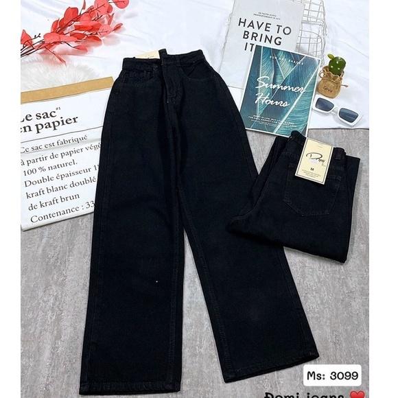 Quần Jean Nữ Aiori Ống Rộng Lưng Cao Trơn Màu Đen Bò Suông Phong Cách Thời Trang Hàn Quốc Jean Cotton Mềm Mịn_Mã 3099