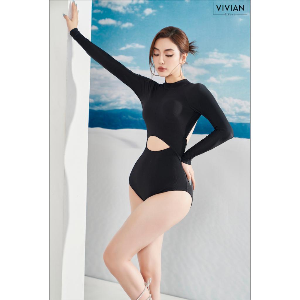 Đồ bơi nữ cao cấp  dạng một mảnh tay tạo hình cutout cách điệu - Đen - VS183_BL