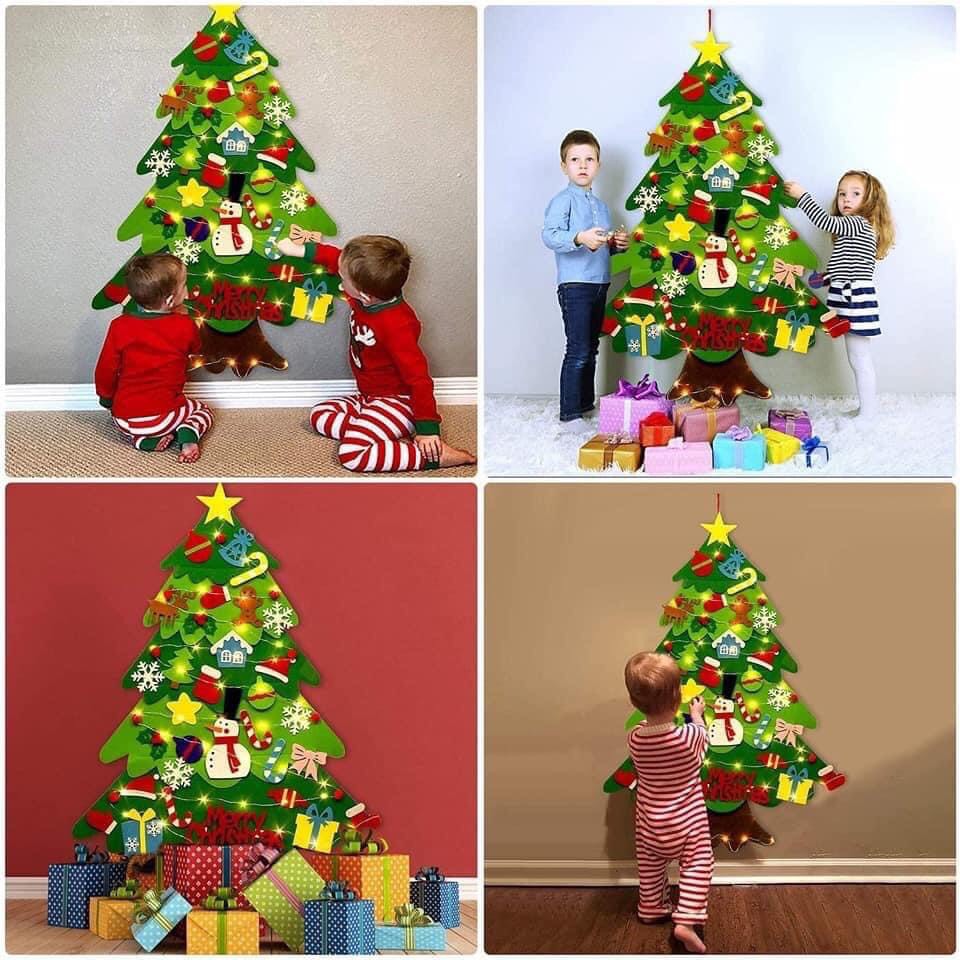 Cây thông Noel vải dạ dán tường 32 chi tiết trang trí Giáng sinh, tặng kèm dây đèn LED - KN TOYS