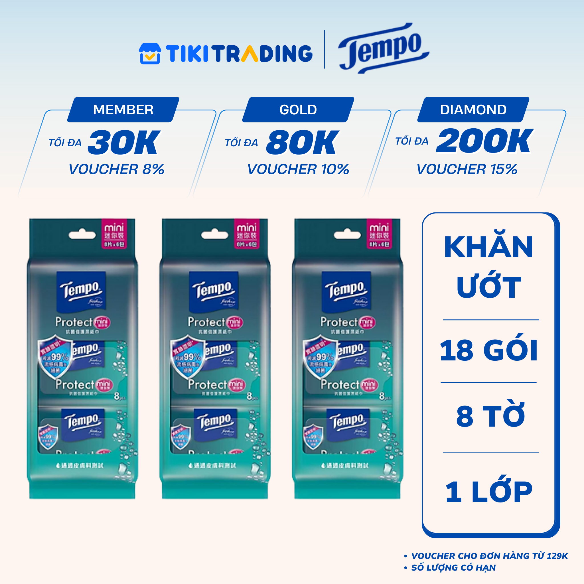 Combo 3 Lốc Khăn Ướt Mini Tempo Protect Ngăn Ngừa Vi Khuẩn (Lốc 6 Gói)