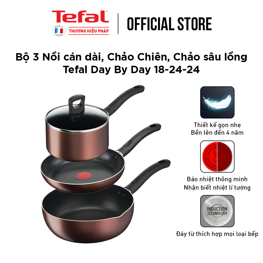 Bộ 3 nồi chảo chống dính đáy từ Tefal Day By Day dùng cho mọi loại bếp (nồi 18cm, chảo 24cm) - Hàng chính hãng