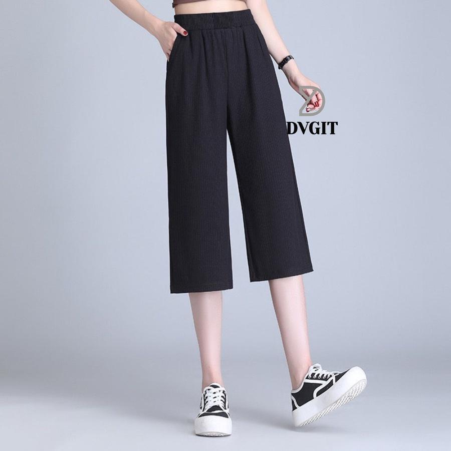 Quần Ống Rộng Nữ DVGIT Dáng Lửng Chất Liệu Thun Tăm Lạnh Màu Đen Mát Mịn Phù Hợp Đi Chơi Dạo Phồ Thời Trang Hàn Quốc - Màu đen