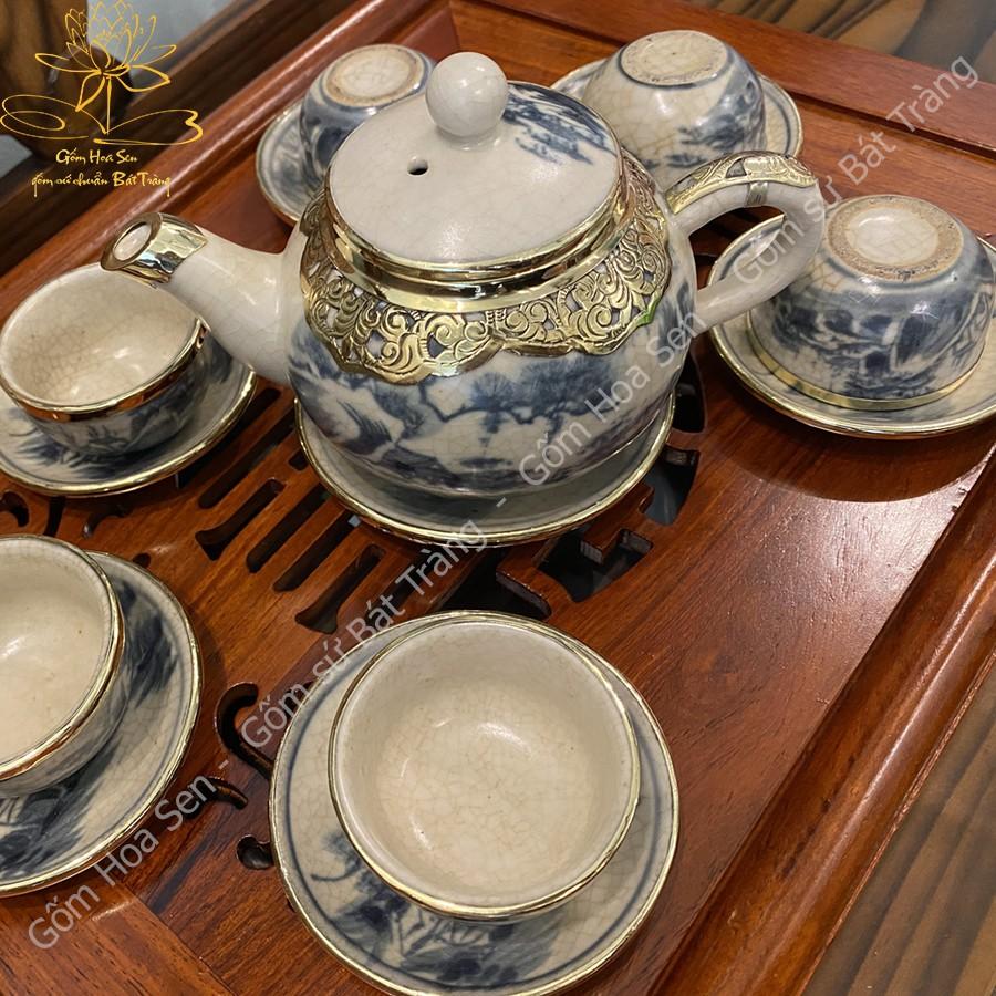 Bộ Ấm Chén Dáng Quả Hồng Men Rạn Giả Cổ Bọc Đồng