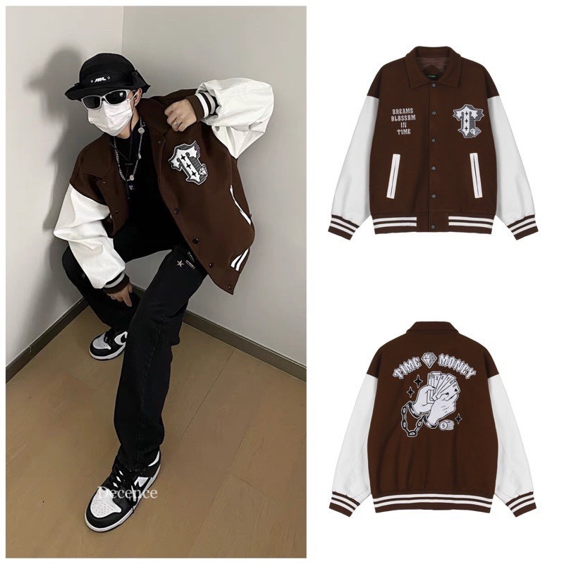 Áo Varsity Jacket - Áo Khoác Bomber Cardigan họa tiết TIME MONEY phối bo Siêu Hot nam nữ mặc được