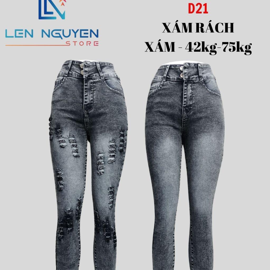 D21_Quần jean nữ, dài, lưng cao, quần bò nữ dáng ôm, quần rin nữ có big size, cho 42kg đến 75kg,LEN NGUYEN STORE - Xám Rách