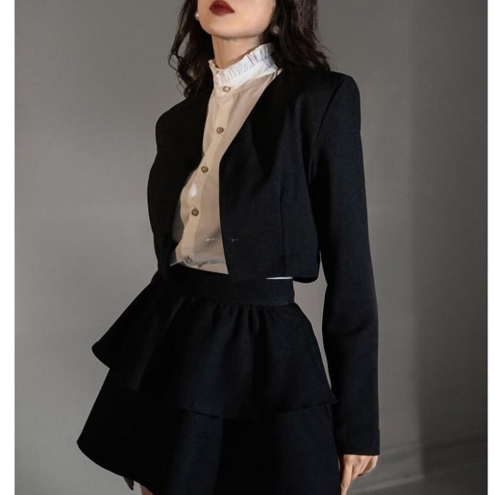 QUẢNG CHÂU Áo blazer croptop màu đen cổ V, tay dài sang chảnh CAO CẤP