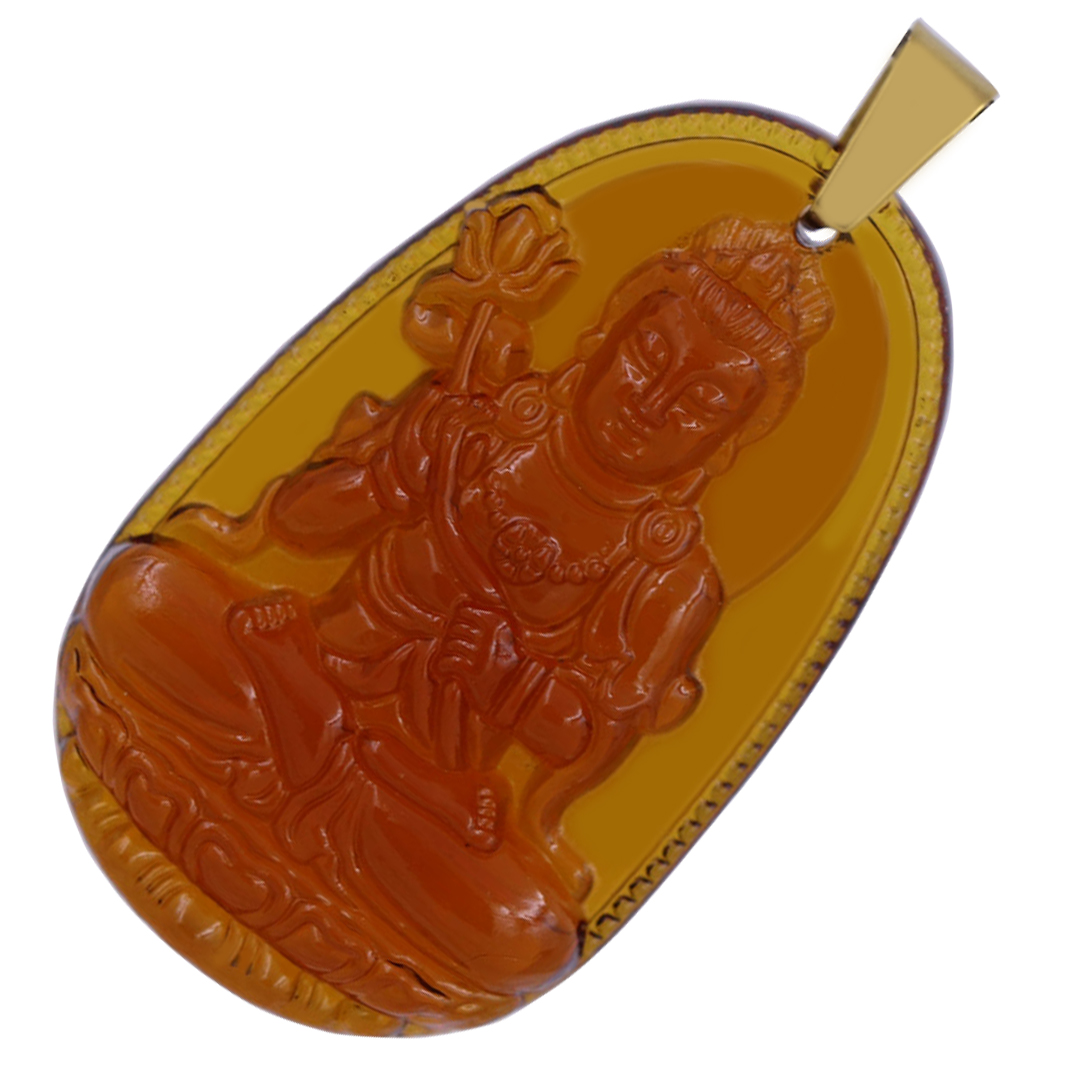 Mặt Phật Đại thế chí 5 cm  pha lê trà kèm móc và dây chuyền inox vàng, Mặt Phật bản mệnh