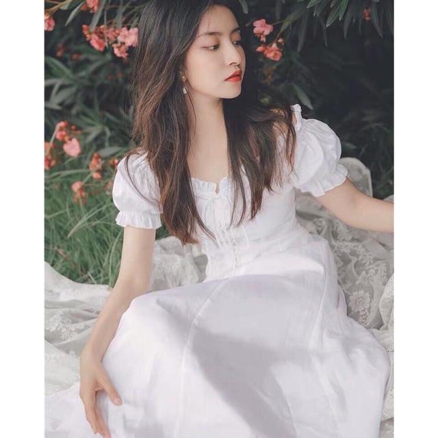 Đầm dự tiệc váy xếp ly váy công sở cổ vuông tay bồng - Đầm công sở Đầm váy trắng đi tiệc cổ bèo đan dây trước