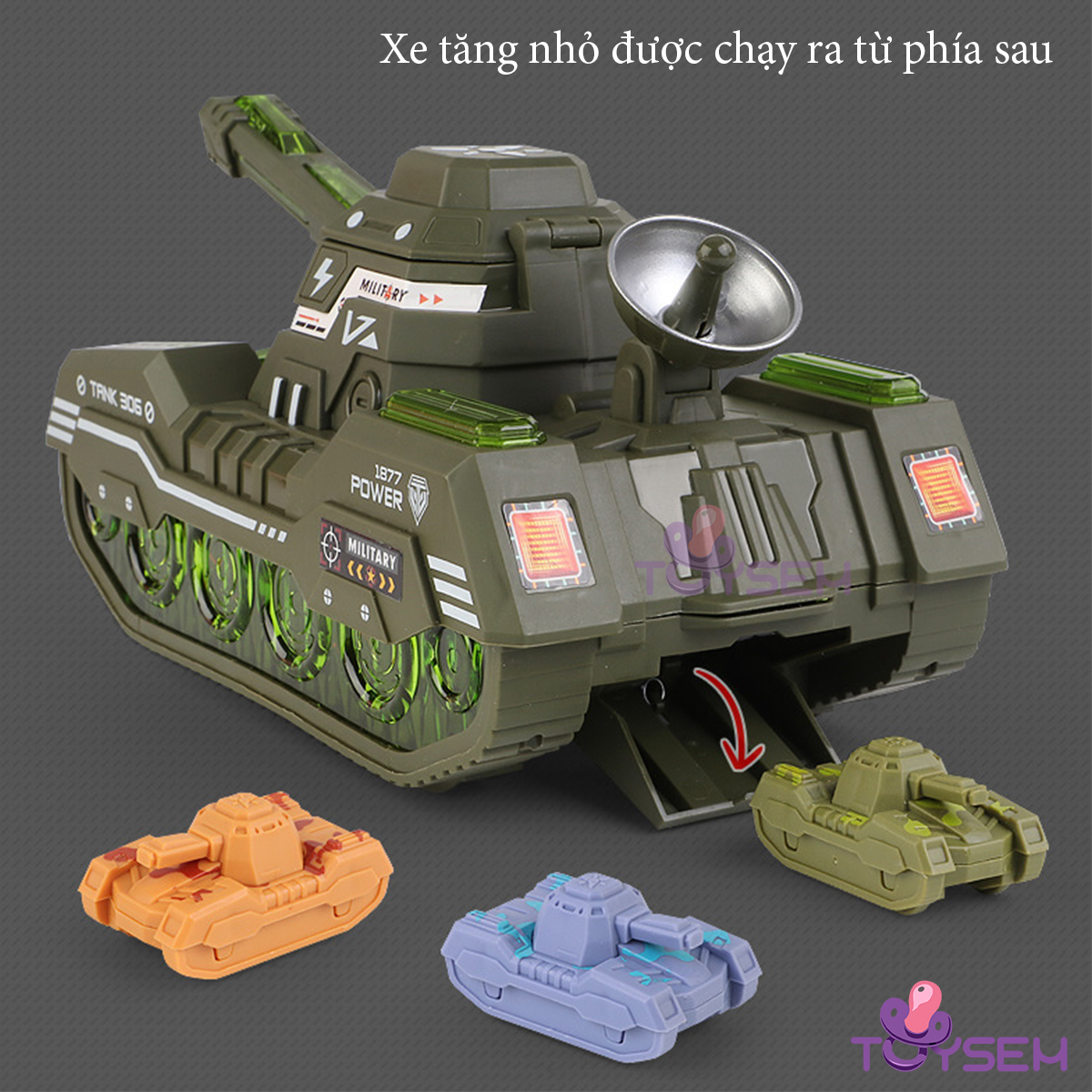 Đồ chơi xe tăng xoay 360 độ có đèn và nhạc kèm theo 3 chiếc xe tăng nhỏ - Quà tặng đồ chơi sinh nhật cho bé - Xe tank 306 dã chiến cho bé