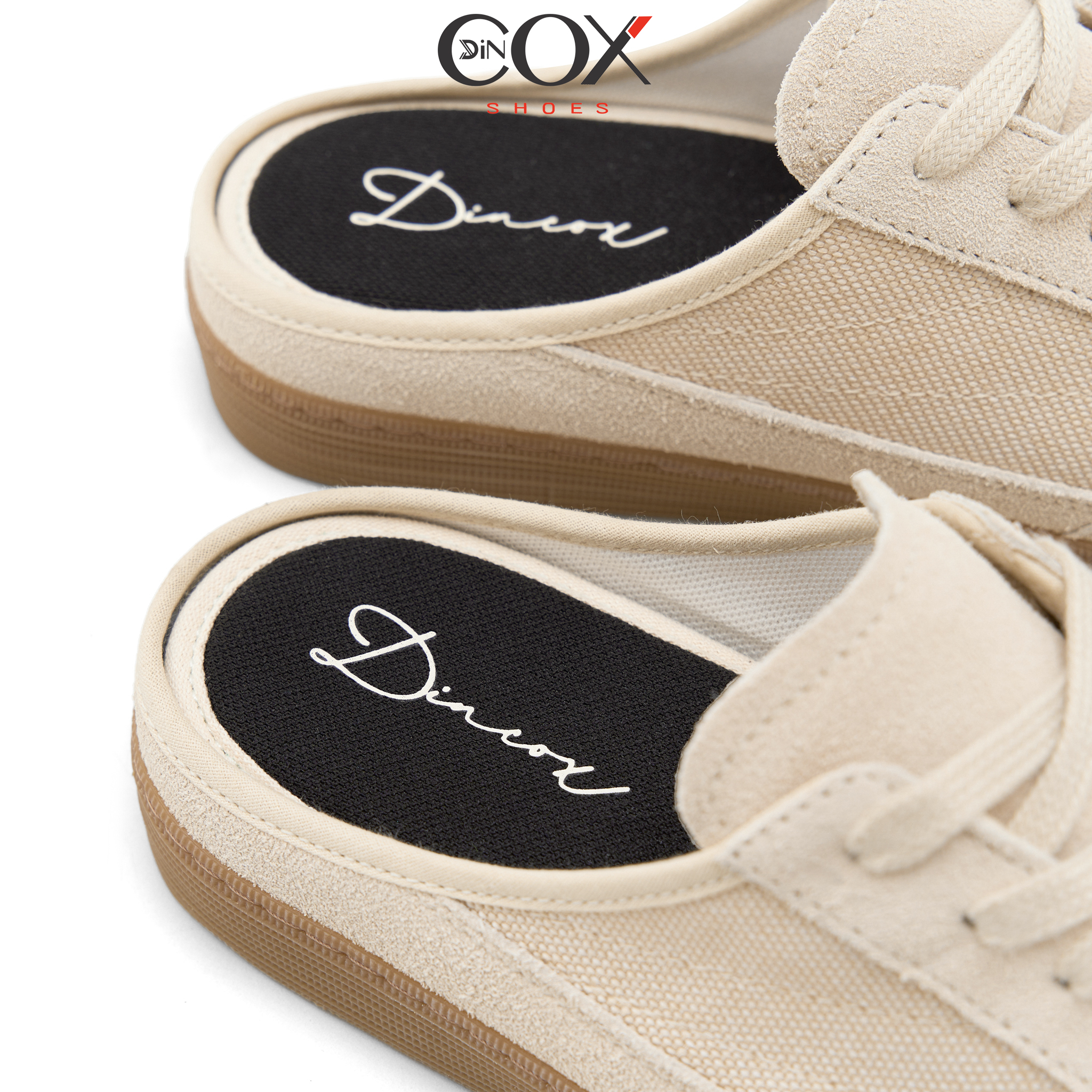 Giày Sục Đạp Gót Mules Vải Sneaker Unisex Nam Nữ DINCOX DC37 Lazy Mule Beige
