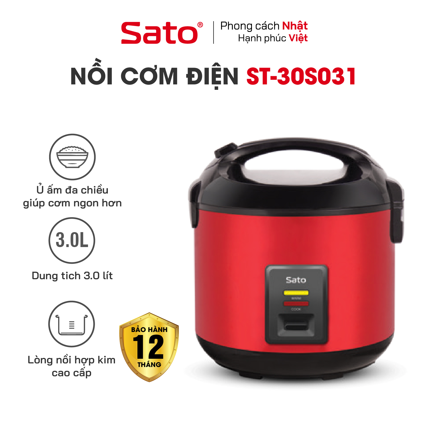 Nồi Cơm Điện SATO 30S031 3.0L - Thiết kế nắp gài chắc chắn, hệ thống chống tràn tốt, nút điều khiển đơn giản, tiện dụng - Miễn phí vận chuyển toàn quốc - Hàng chính hãng