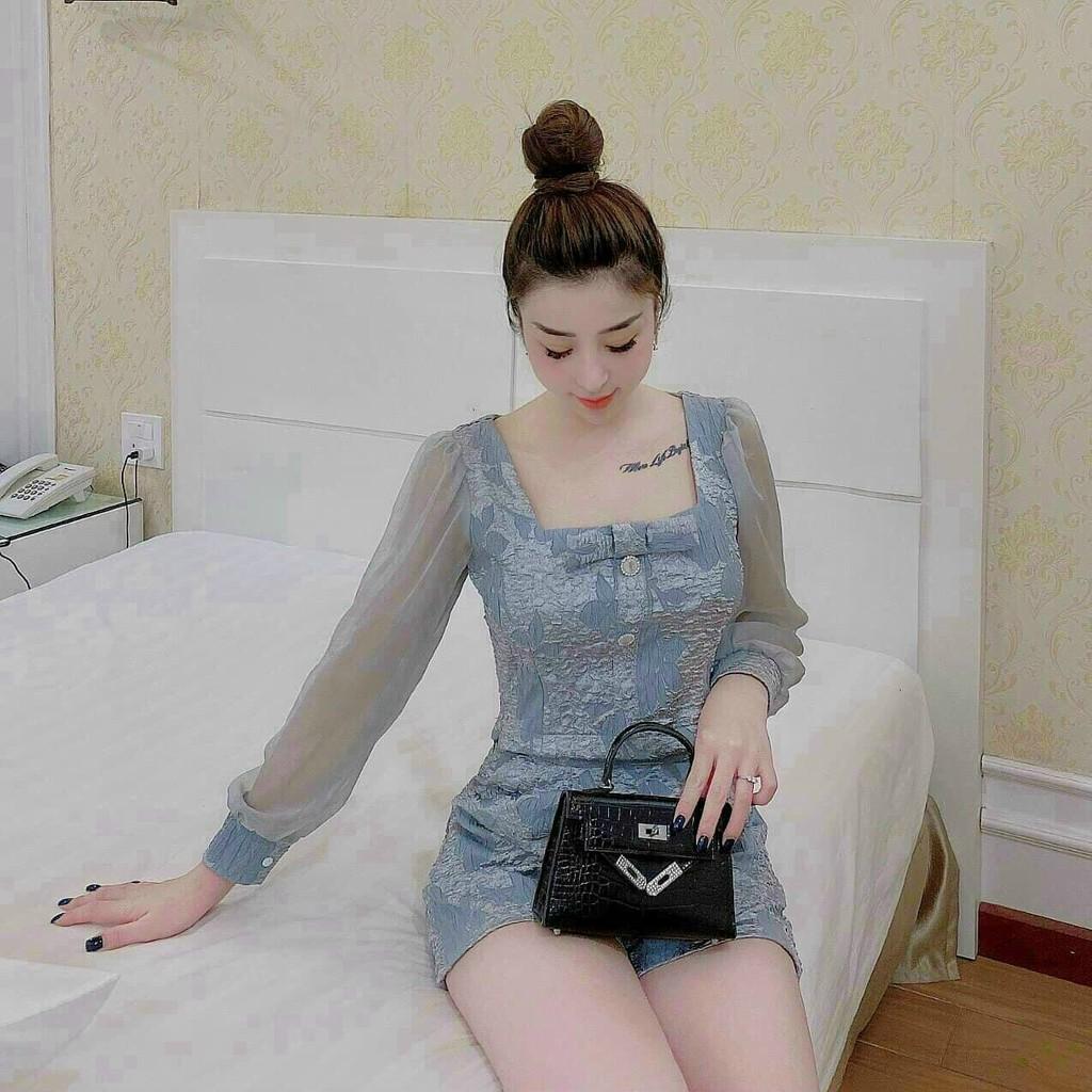 Sét đùi gấm cổ vuông tay dài phối voan cực sang chảnh