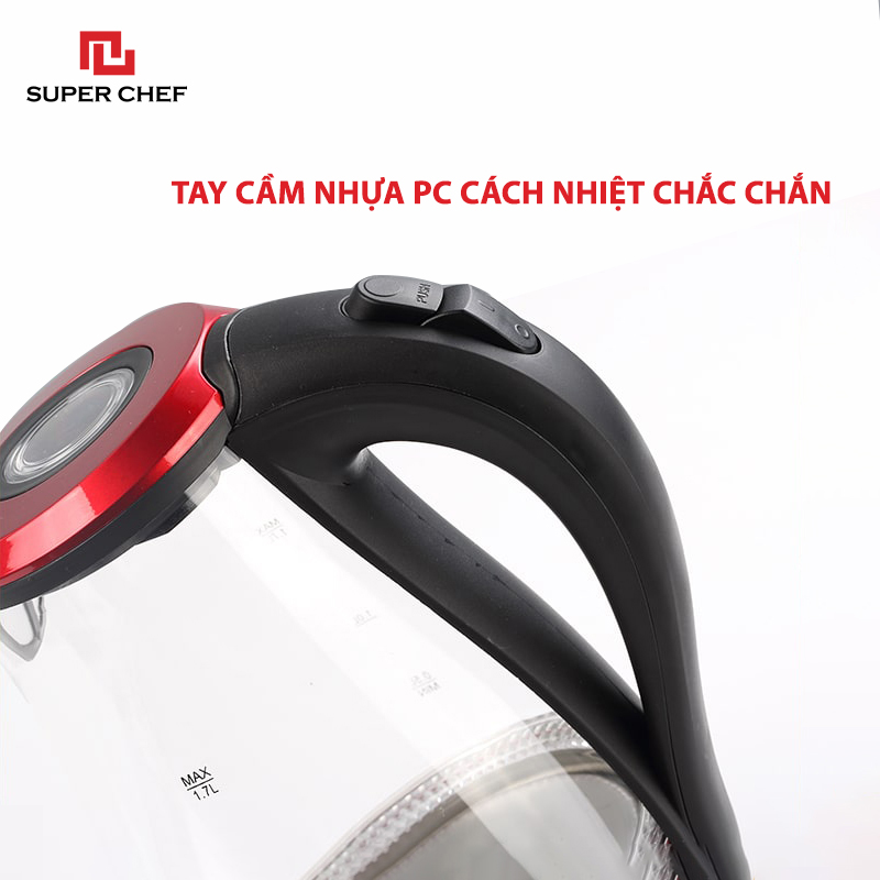 Bình Đun Siêu Tốc Thủy Tinh 1.7 Lít Chính Hãng Super Chef Công Suất đến 2200W Đun Nhanh, Thủy Tinh Cao Cấp, An Toàn Sức Khỏe, Nhiều Tính Năng An Toàn Siêu Tiện Lợi  SC_KP1775