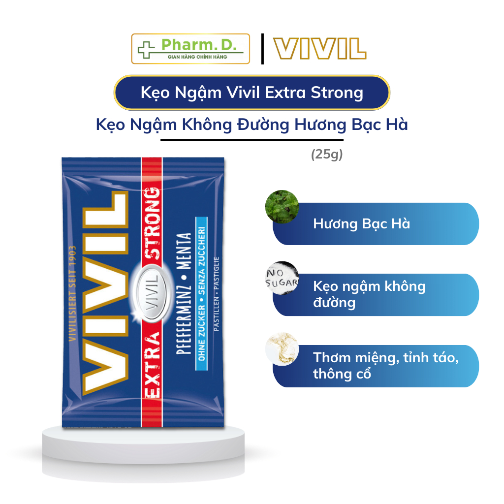Kẹo Ngậm Không Đường VIVIL Extra Strong Sugar Free Hỗ Trợ Sức Khỏe, Giảm Ho (Gói 25g)