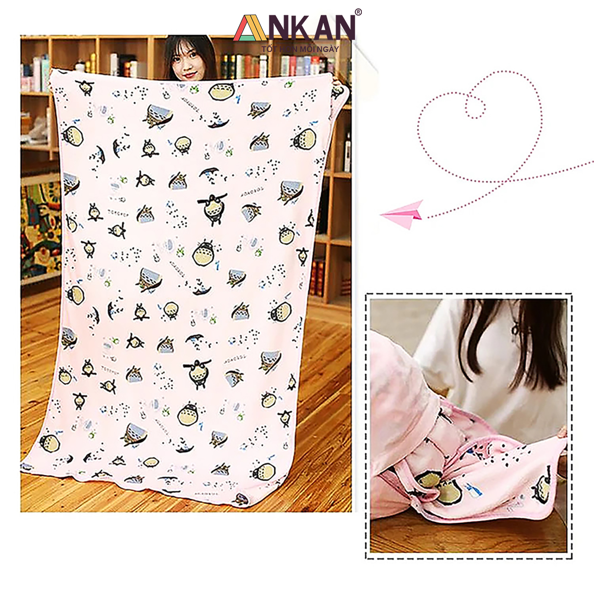 Bộ Chăn Gối Văn Phòng 3 Trong 1 Hình Thỏ Xám Và Thỏ Hồng TOTORO Xinh Đẹp