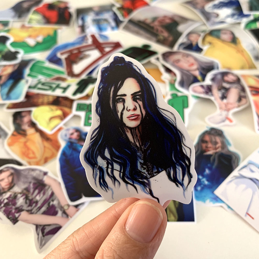 Sticker Billie Eilish Dán Trang Trí - Chất Liệu PVC Cán Màng Chất Lượng Cao Chống Nước, Chống Nắng, Không Bong Tróc Phai Màu