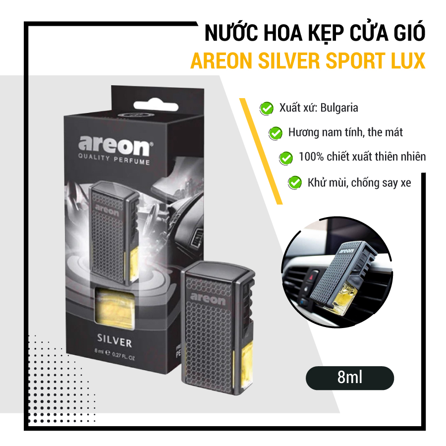 Nước hoa kẹp cửa gió ô tô Areon Silver Sport Lux- hương nam tính, the mát, sang trọng