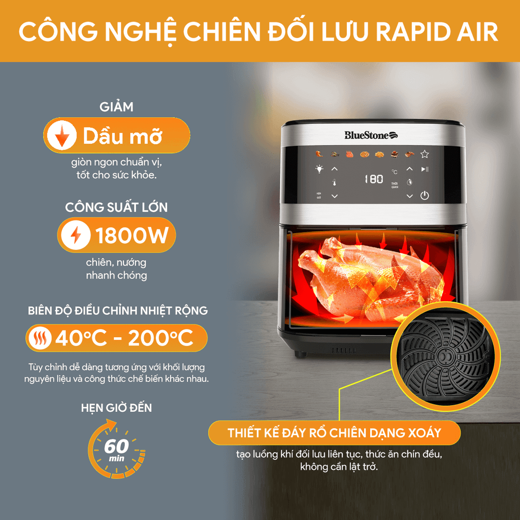 Nồi Chiên Không Dầu BlueStone AFB-5886 9 Lít 1800W - Hàng chính hãng