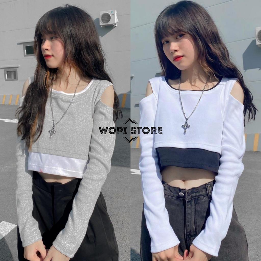 Áo Croptop Nữ Tay Dài DAILY Phối Layer Xẻ Vai Vải Thun Gân Ulzzang