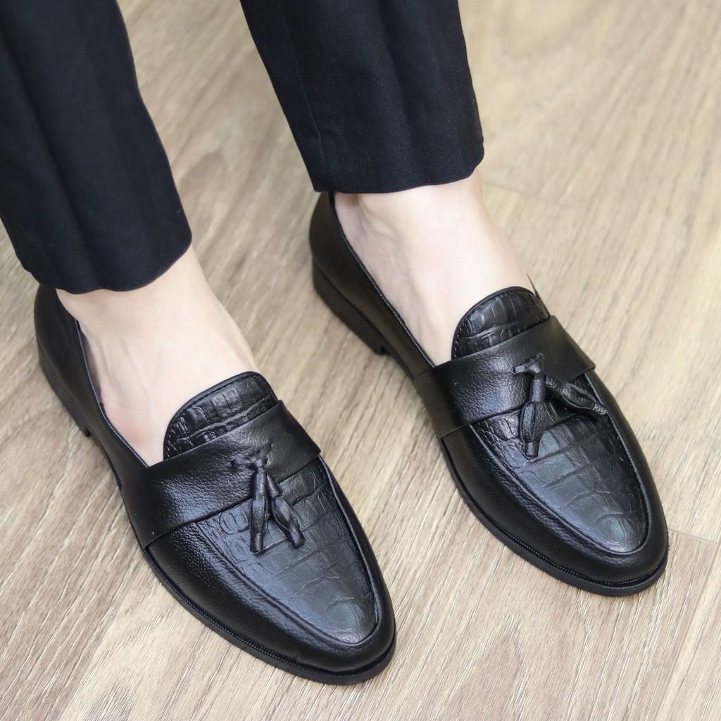 Giày lười da nam dập vân cá sấu, có chuông - Đế cao su non cao 3cm, Mã x091C, Màu Đen- Hàng Việt