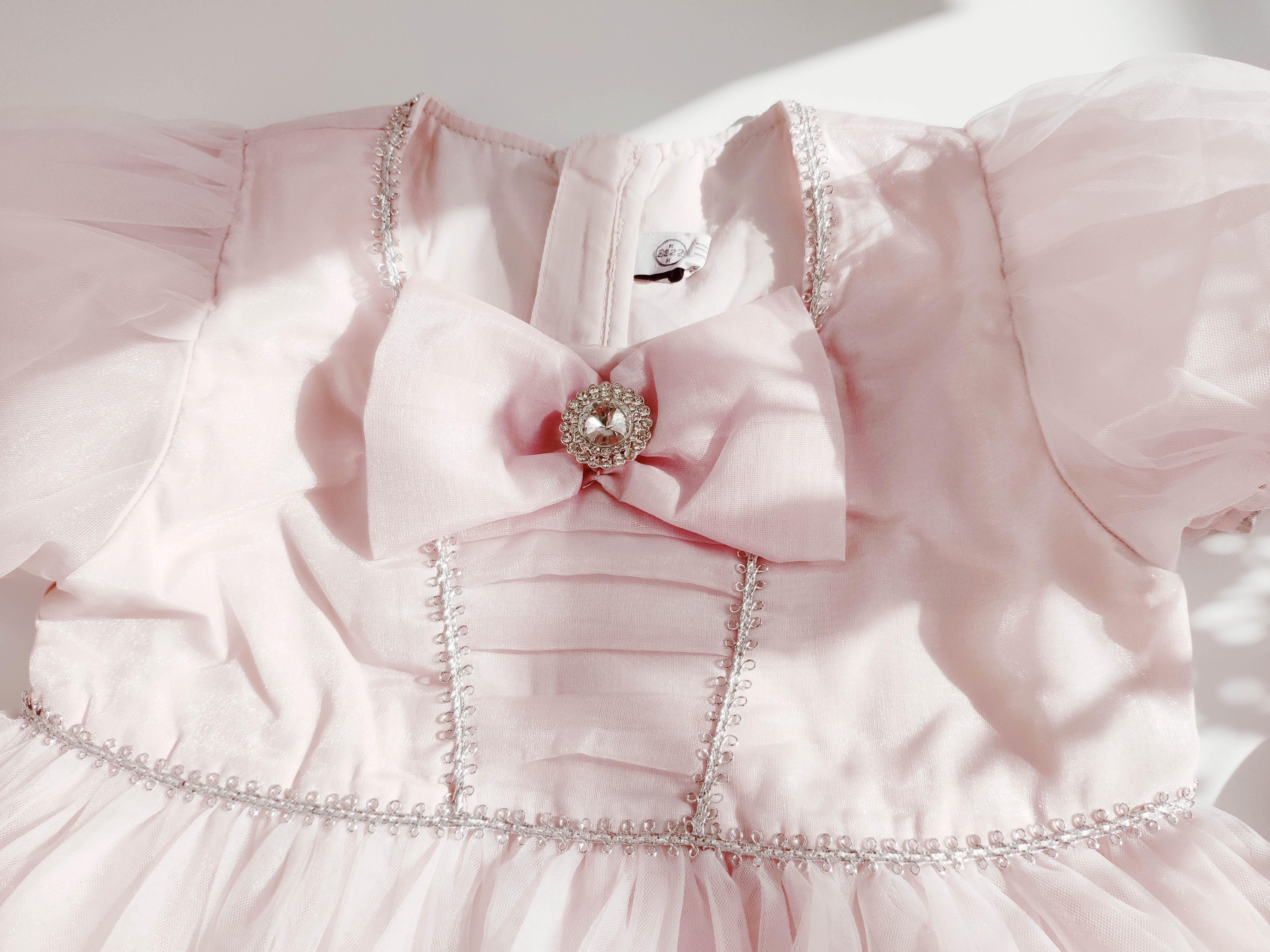 Váy công chúa bé gái voan tơ đính nơ cho bé 3-12 tuổi 15-32kg màu hồng