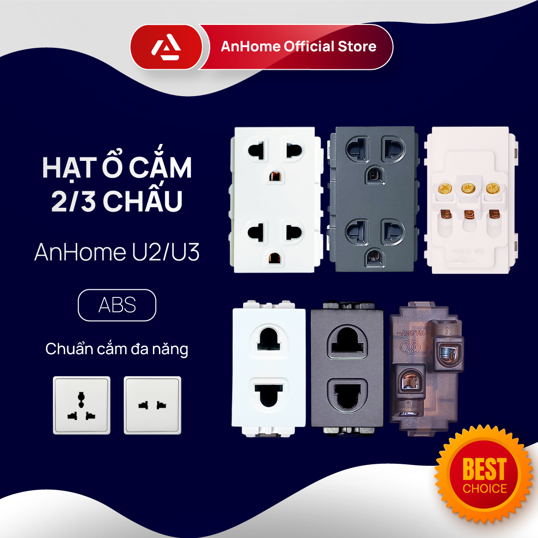 Hạt ổ cắm đơn/đôi 2 chấu, 3 chấu có lẫy trượt che an toàn điện AnHome U2/U3