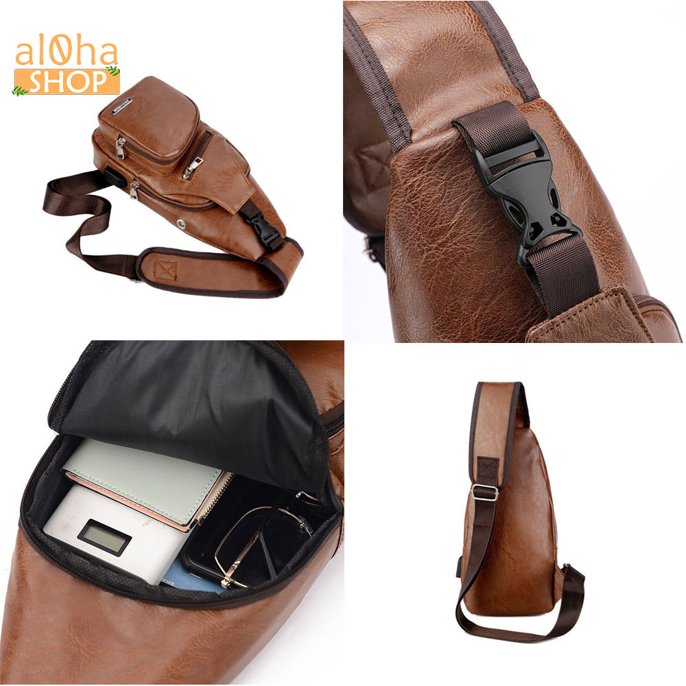 Túi đeo chéo tích hợp dây sạc USB da cao cấp, 4 ngăn unisex nam nữ chống nước - al0ha Shop