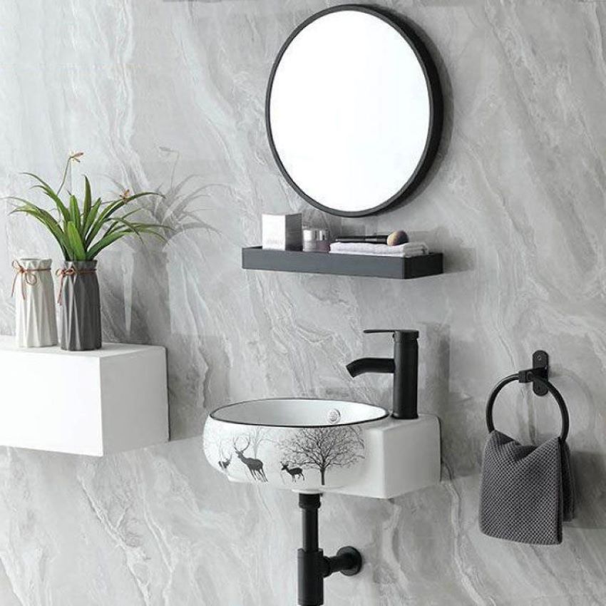 Bộ lavabo mini kiểu treo tường đã bao gồm gương và kệ kính phù hợp nhà tắm không gian nhỏ