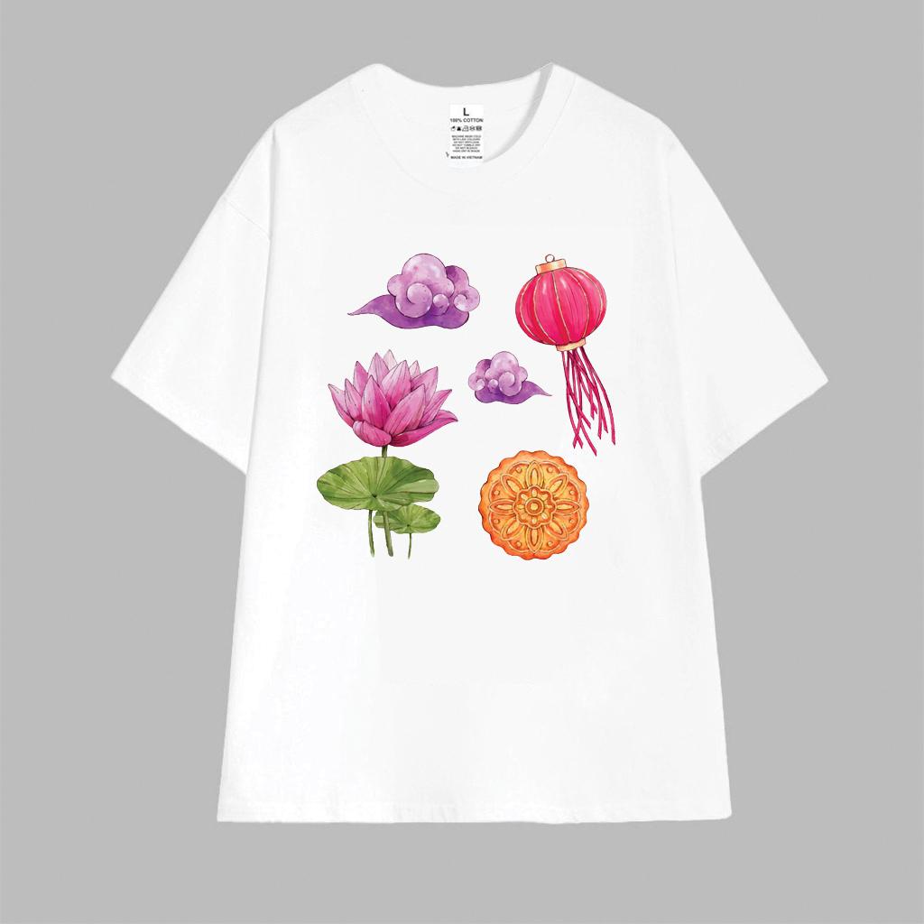 Cao cấp - Áo thun oversize hình lồng đèn hoa sen bánh trung thu áng mây Mid Autumn shirt áo thun uni