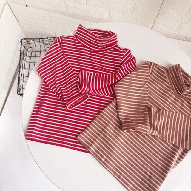 Áo giữ nhiệt xuất Hàn cho bé, cao cổ, chất cotton dày dặn, họa tiết kẻ ngang, Hàng QC Cao Cấp